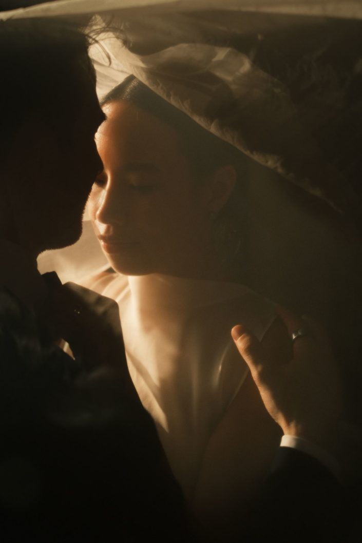 Portrait de la mariée en clair-obscur, profil dans l&rsquo;ombre et la lumière